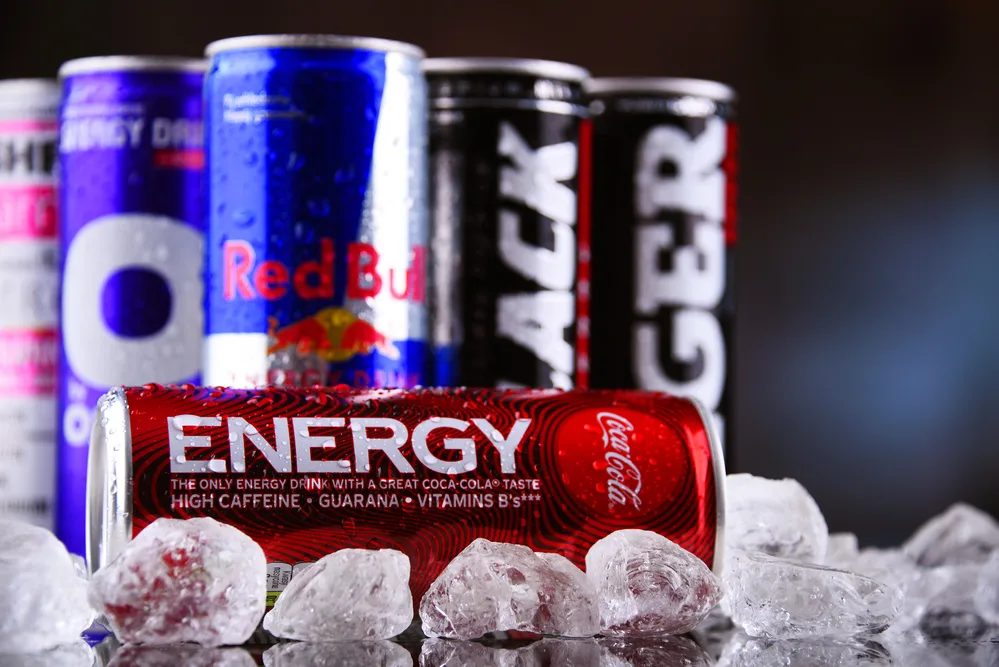 Cans of assorted global energy drink products