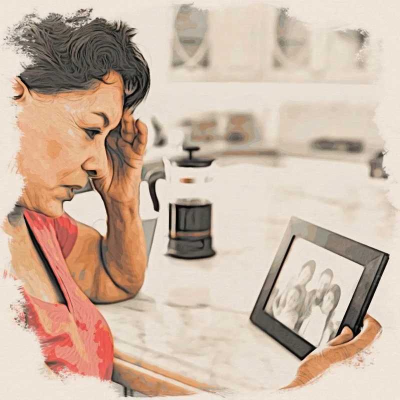 Illustration of a woman looking at a family photo