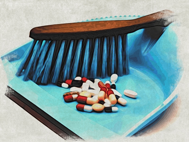 Photo of a pile of prescription pills swept up in a dustpan