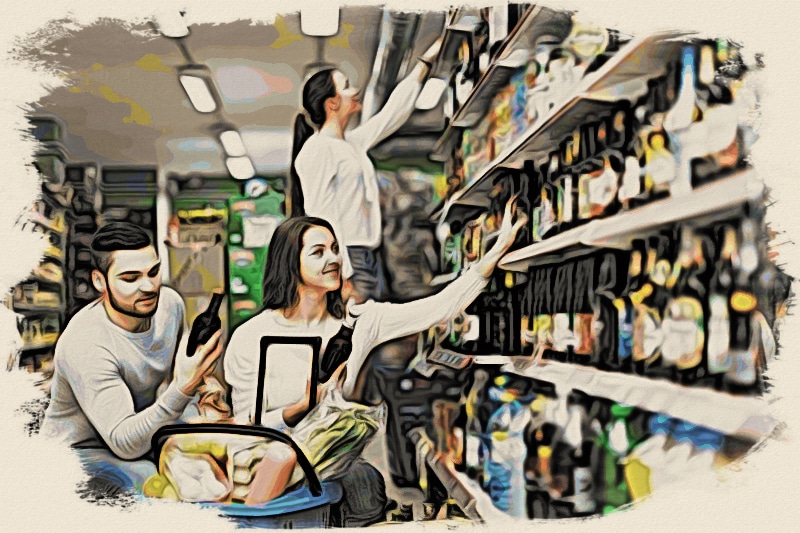 Photo of young adults shopping for alcohol in a grocery store aisle