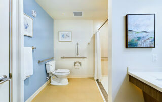 a serene hotel-like bathroom with powder blue and white walls
