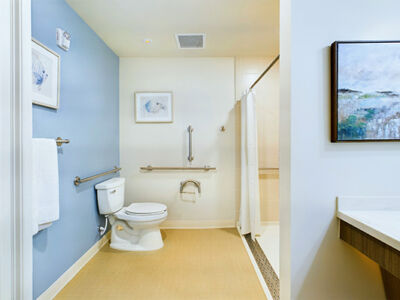 a serene hotel-like bathroom with powder blue and white walls