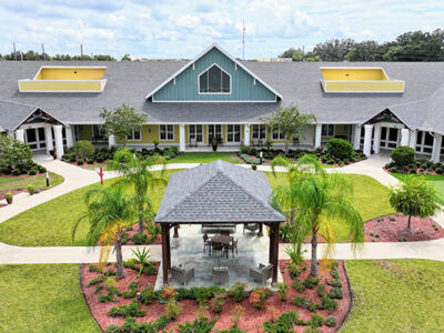 a beautiful courtyard, with a gazebo, overlooking the facilities