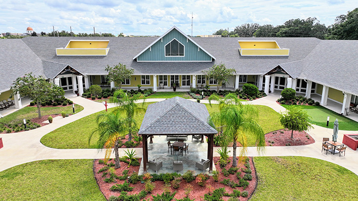 a beautiful courtyard, with a gazebo, overlooking the facilities